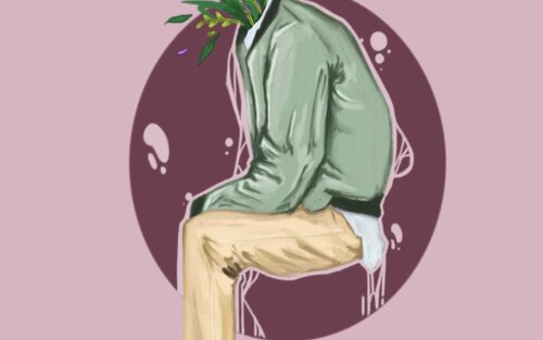 This Illustration has a old pink background. In the middle a  circle in a darker shade of pink is shown. On top of that a person with an green jacket and yellow pants is sitting. Instead of a head this person has  a bouquet of purple flowers  | © Lynn Atieno 